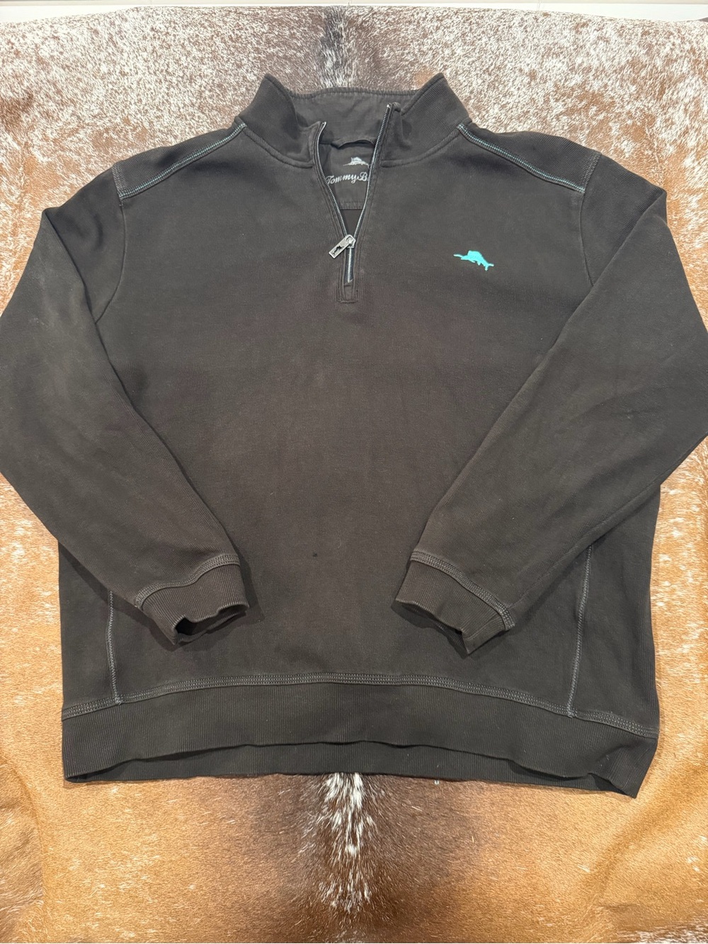 Tommy Bahama black quarter-zip pullover with turquoise marlin logo. Size XL